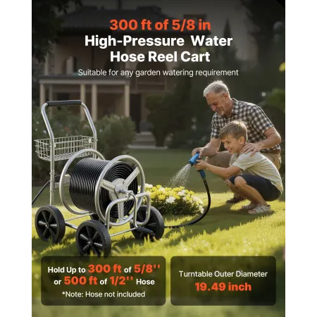 VEVOR Hose Reel Cart, Hold Up to 91.44 m of 1.59 cm Hose, Garden Water Hose Carts Mobile Tools with 4 Wheels, Heavy Duty Powder-