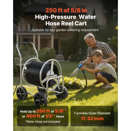 VEVOR Hose Reel Cart, Hold Up to 250 ft of 5/8’’ Hose, Garden Water Hose Carts Mobile Tools with 4 Wheels, Heavy Duty Powder-coa