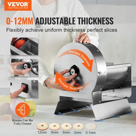 VEVOR Electric Vegetable Slicer, 0-0.5"/0-12mm Thickness Adjustable Commercial Slicer Machine, Convertible to Manual, Stainless 
