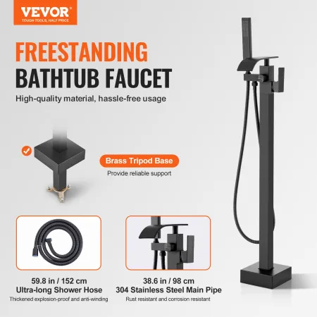 VEVOR Freestanding Bathtub Faucet, Floor Mount, Freestanding Tub Filler, Shower Mixer Taps, Two Water Modes, 360° Swivel Spout, 