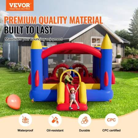 Inflatable Bounce House, Outdoor High Quality Playhouse Trampoline, Jumping Bouncer with Blower, Slide, and Storage Bag, Family 