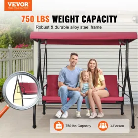 VEVOR 3-Seat Patio Swing Chair, Converting Canopy Swing, Outdoor Patio Porch with Adjustable Canopy, Removable Thick Cushion and
