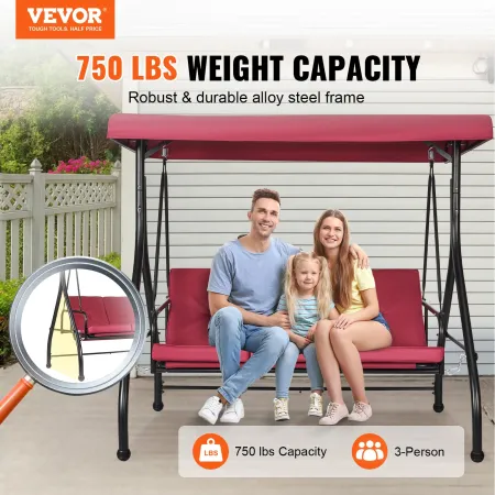 VEVOR 3-Seat Patio Swing Chair, Converting Canopy Swing, Outdoor Patio Porch with Adjustable Canopy, Removable Thick Cushion and