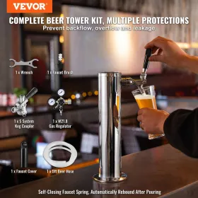 Kegerator Tower Kit, Single Tap Beer Conversion Kit, Stainless Steel Keg Beer Tower Dispenser with Dual Gauge W21.8 Regulator & 