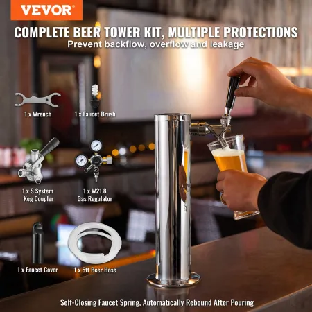 Kegerator Tower Kit, Single Tap Beer Conversion Kit, Stainless Steel Keg Beer Tower Dispenser with Dual Gauge W21.8 Regulator & 