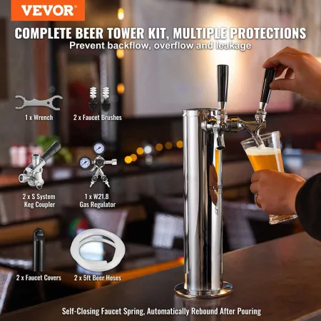 VEVOR Kegerator Tower Kit, Dual Taps Beer Conversion Kit, Rustfrit stål Keg Beer Tower Dispenser med Dual Gauge W21.8 Regulat