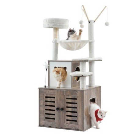Large Cat Tree Litter Box Enclosure 2-in-1 Cat Tower Indoor Cat Play House