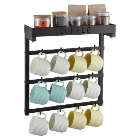 Coffee Mug Holder Wall Mounted w/ 12 Movable Hooks and Top Shelf Cup Rack