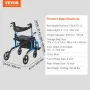 VEVOR 2 i 1 Rollator Rollator & Transportstol til seniorer, Folding Rolling Walker Kørestol Combo & Fodstøtter, Letvægts Alu
