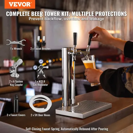 Kegerator Tower Kit, Dual Taps Beer Conversion Kit, Stainless Steel Keg Beer Tower Dispenser with Dual Gauge W21.8 Regulator & A
