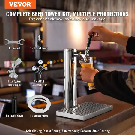 VEVOR Kegerator Tower Kit, Single Tap Beer Conversion Kit, Rustfrit stål Tønde Øl Tower Dispenser med Dual Gauge W21.8 Regula