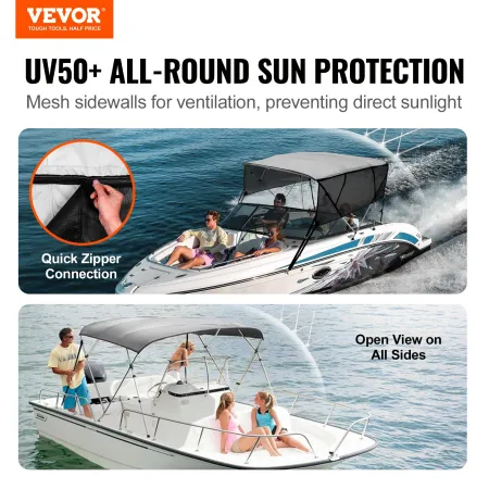 4 Bow Bimini Top Boat Cover, Detachable Mesh Sidewalls, 600D Polyester Canopy with 1" Aluminum Alloy Frame, Includes Storage Boo