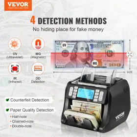 Money Counter Machine, Bill Counter with UV, MG, IR and DD Counterfeit Detection, USD & EUR Cash Counting Machine with Add and B