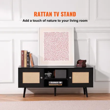 Rattan TV Stand, Boho TV Cabinet til 55 tommer TV, Mid Century