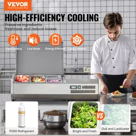 Refrigerated Condiment Prep Station, 140 W Countertop Refrigerated Condiment Station, with 1 1/3 Pan & 4 1/6 Pans, 304 Stainless