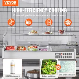 Refrigerated Condiment Prep Station, 140 W Countertop Refrigerated Condiment Station, with 2 1/3 Pans & 4 1/6 Pans, 304 Stainles