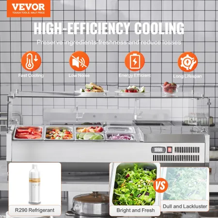 VEVOR Refrigerated Condiment Prep Station, 140 W Countertop Refrigerated Condiment Station, with 2 1/3 Pans & 4 1/6 Pans, 304 St