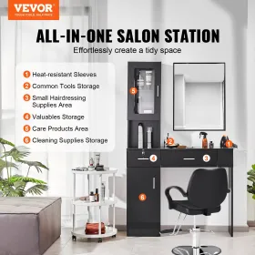 VEVOR Salon Station, Wall Mount Barber Salon Station for Hair Stylist, Beauty Spa Furniture Set, 1 Storage Cabinet, 3 Cubbies an