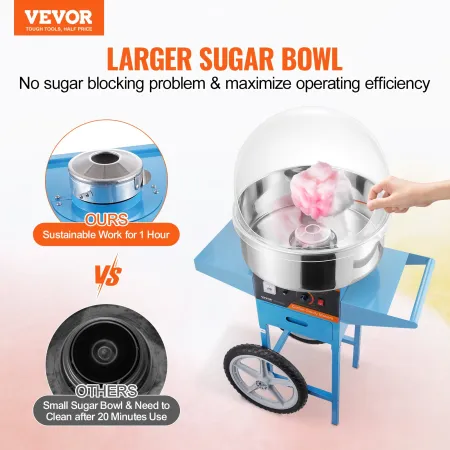 VEVOR Electric Cotton Candy Machine with Cart, 1000W Commercial Candy Floss Maker with Cover, Stainless Steel Bowl, Sugar Scoop 