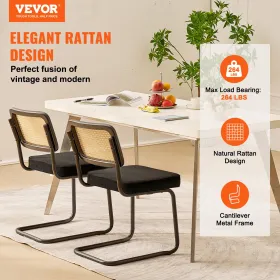 Rattan Chairs, Set of 2, Mid Century Modern Dining Chair, Upholstered Velvet Accent Chair with Rattan Back, Retro Dining Room Ki