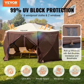 Pop Up Gazebo Tent, Pop-Up Screen Tent 6 Sided Canopy Sun Shelter with 6 Removable Privacy Wind Cloths & Mesh Windows, 12.5x12.5