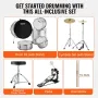 Adult Drum Set, 5-Piece, 22 inches Complete Full Size Drum Kit with Bass Toms Snare Floor Drum Adjustable Throne Stands Cymbal H