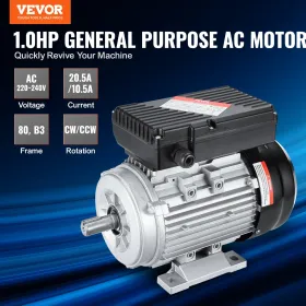 VEVOR 0.75KW Electric Motor 1400 rpm, AC 220~240V 5.45A, 80, B3 Frame, Air Compressor Motor Single Phase, 19mm Keyed Shaft, CW/C