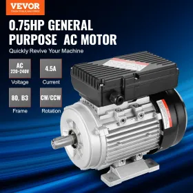 VEVOR 0.55KW Electric Motor 1400 rpm, AC 220~240V 4.5A, 80, B3 Frame, Air Compressor Motor Single Phase, 19mm Keyed Shaft, CW/CC