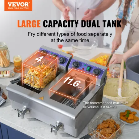 Commercial Deep Fryer, Dual Tank 3000W Electric Countertop Fryer with Basket, 2 x 11.6Qt/11L Double Stainless Steel Oil Fryer wi
