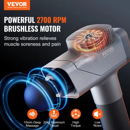 VEVOR Massage Gun Deep Tissue, Percussion Muscle Massager for Athletes - with 8 Speed Levels & 6 Massage Heads, 16V 2500mAh Batt