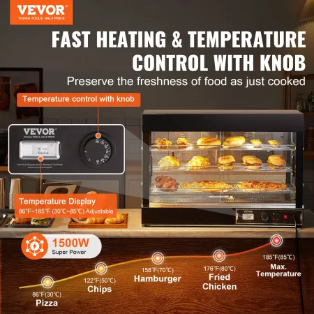 3-Tier Commercial Food Warmer Display, 1500W Food Display Warmer with Light, Adjustable Shelf and Temperature Display, 30℃~85℃ S