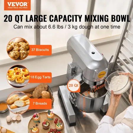 VEVOR Commercial Food Mixer, 18.7L Commercial Stand Mixer with 3 Adjustable Speeds, 1100W Dough Mixer with Stainless Steel Bowl 