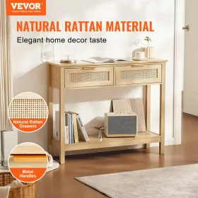 rattan konsolbord med 2 opbevaringsskuffer, rattan indgangsbord