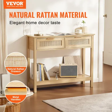 VEVOR rattan konsolbord med 2 opbevaringsskuffer, rattan indgangsbord med naturlig rattan skydedør, konsol sofabord fo