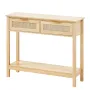 Rattan Console Table with 2 Storage Drawers, Rattan Entryway Table with Natural Rattan Sliding Door, Console Sofa Table for Livi