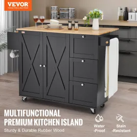 Kitchen Island Cart, 56" Wood Top Mobile Carts with Storage Cabinet, Rolling Table with Drop Leaf, Spice Rack, Towel Bar, Adjust