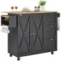 VEVOR Kitchen Island Cart, 56" Wood Top Mobile Carts with Storage Cabinet, Rolling Table with Drop Leaf, Spice Rack, Towel Bar, 