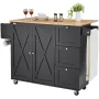 Kitchen Island Cart, 56" Wood Top Mobile Carts with Storage Cabinet, Rolling Table with Drop Leaf, Spice Rack, Towel Bar, Adjust