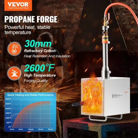 VEVOR Portable Propane Forge, 1 Burner Farrier Forge, 2600℉ Tool and Knife Making Blacksmithing Gas Forge, Large Capacity Square