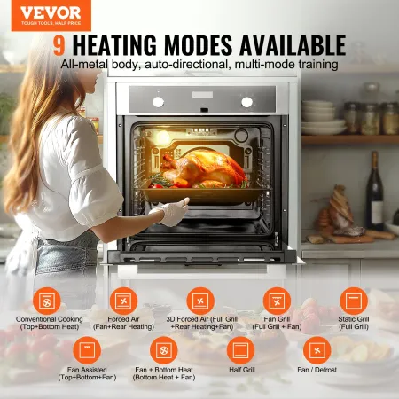 VEVOR Single Wall Oven, 24" Electric Built-in Wall Oven with 9 Cooking Functions, 2.68 Cu.Ft Electric Wall Ovens, Rapid heating 