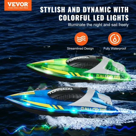 VEVOR RC Boat, 2 Pack 2.4GHz 12 km/h, Remote Control Boat for Pools & Lakes, Racing Boat with LED Light, 4 Rechargeable Batterie
