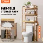 Over the Toilet Storage, 3-Tier Adjustable Over Toilet Bathroom Organizer, Bamboo Storage Shelf Rack with 3 Hooks, Freestanding 