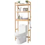 Over the Toilet Storage, 3-Tier Adjustable Over Toilet Bathroom Organizer, Bamboo Storage Shelf Rack with 3 Hooks, Freestanding 