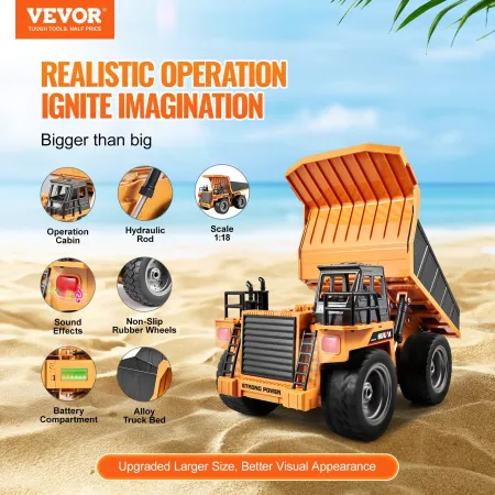 RC Dump Truck Toy, 9-Channel 1:18 Scale, Remote Control Dump Truck RC Construction Vehicle Truck Toy with Metal Bed & Light, 2 R