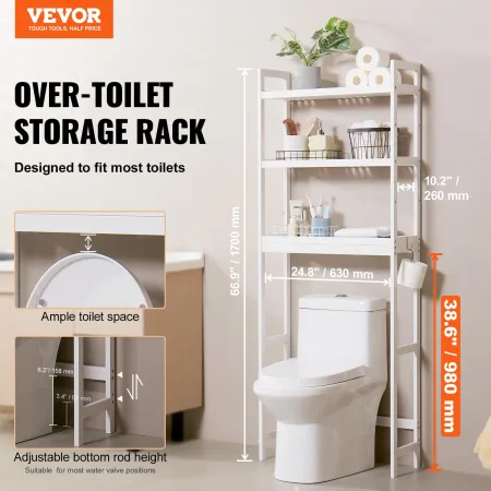Over the Toilet Storage, 3-Tier Adjustable Over Toilet Bathroom Organizer, Bamboo Storage Shelf Rack with 3 Hooks, Freestanding 