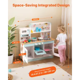 Play Kitchen for Kids, Wooden Toy Kitchen Set with Lights and Sounds, Toddler Kitchen with Ice Maker, Oven, Sink, Microwaves, Fr