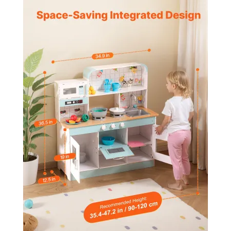 VEVOR Play Kitchen for Kids, Wooden Toy Kitchen Set with Lights and Sounds, Toddler Kitchen with Ice Maker, Oven, Sink, Microwav