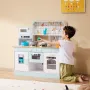 Play Kitchen for Kids, Wooden Toy Kitchen Set with Lights and Sounds, Toddler Kitchen with Ice Maker, Oven, Sink, Microwaves, Fr