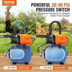VEVOR 745 W(1 HK) Pumpe med lavt brønd med trykbeholder, 63 L/min(1000 GPH), automatisk kunstvandingsboosterpumpe med 50 m(16)