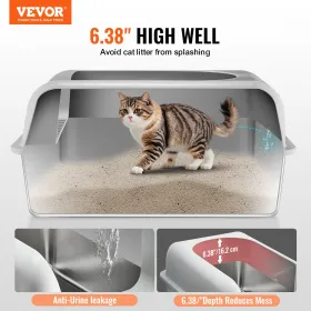 Cat Litter Box, 6 inches Deep, XL Extra Large Stainless Steel Cat Litter Box with Scoop, Wide Filtering Foot Board & High Sides,